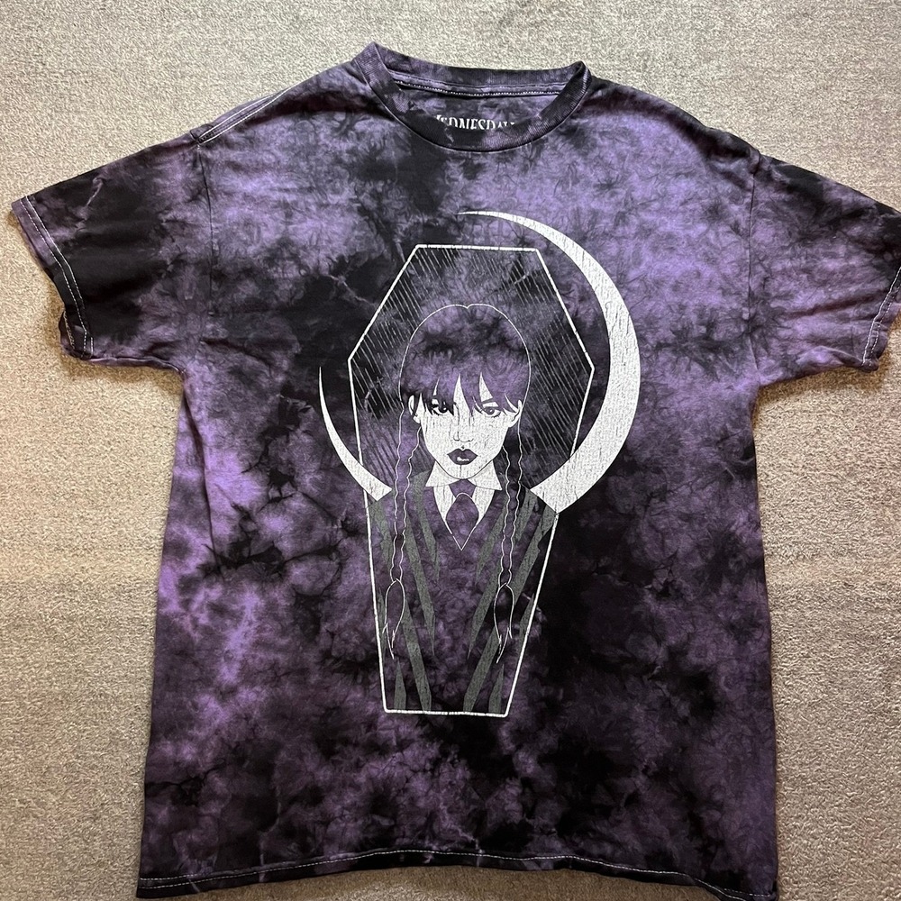 Wednesday Addams Tie Dye Graphic T-Shirt Purple Black Goodie Two Sleeves Medium
